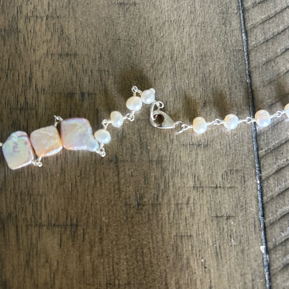 34" NECKLACE PEARL COLOR SQUARE PEARLS;  STERLING SILVER CRYSTAL CHARM; NEW - Picture 3 of 9